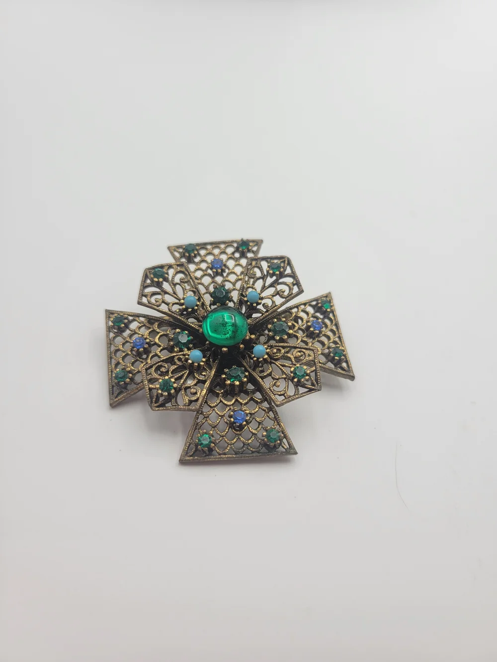 Vintage-Inspired JJ Green and Blue Filigree Cross Brooch